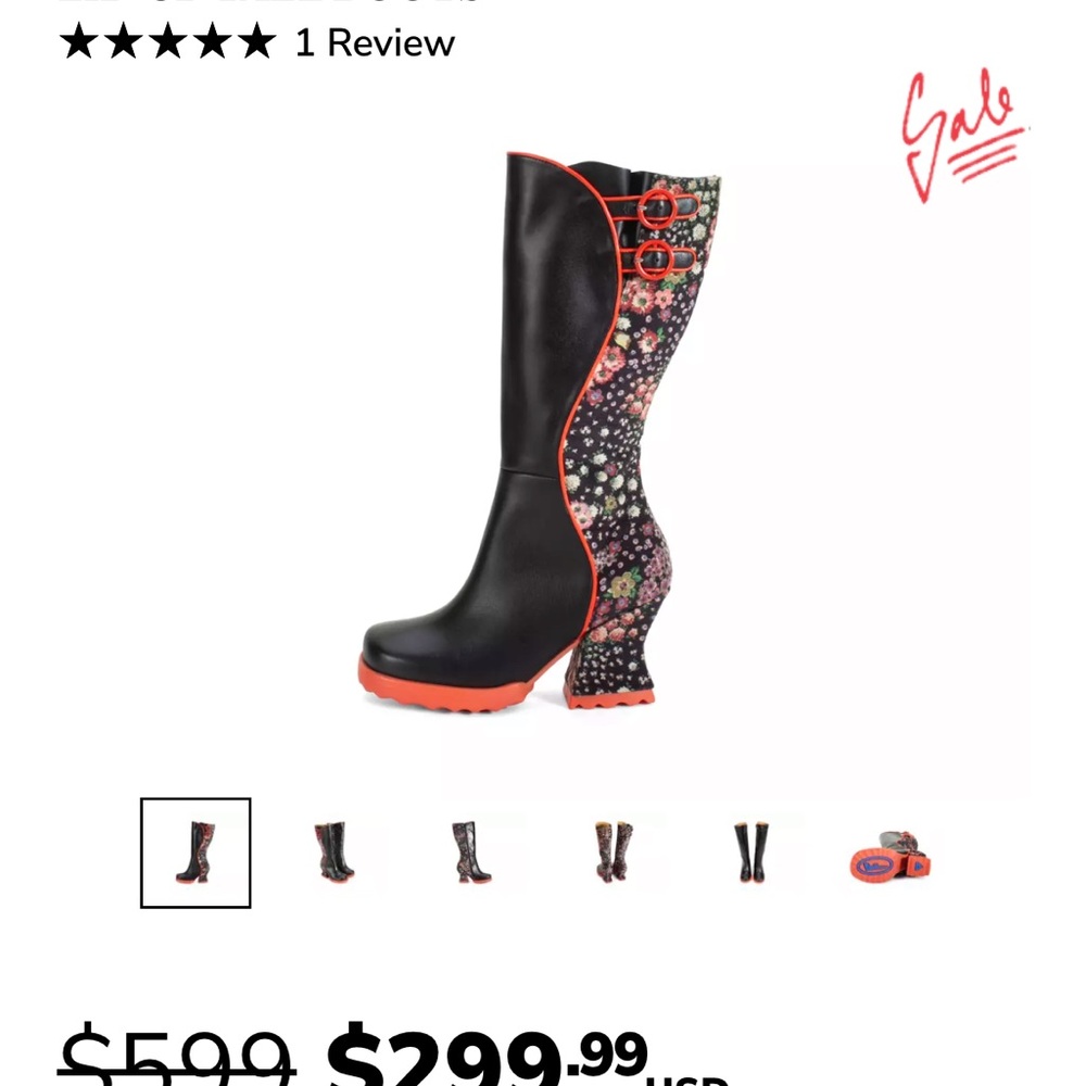 John Fluevog Stop It Pare Black and Floral Heeled Boots with Red Trim